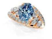 Halo Engagement Ring Setting for Fancy Blue Oval Center with Marquise and Pave Bypass Band and Prong Head in Rose Gold