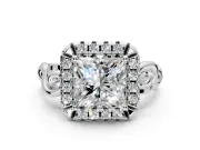 Halo Engagement Ring Setting for Princess Cut Center with Open Scroll Shoulders and Prong Head in Sterling Silver