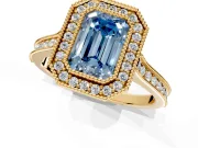 Halo Engagement Ring Setting for Fancy Blue Emerald Cut Center with Milgrain Pave Band and Bezel Head in Yellow Gold