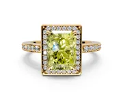 Halo Engagement Ring Setting for Fancy Yellow Radiant Cut Center with Metal-Rimmed Halo, Pave Band and Prong Head in Yellow Gold