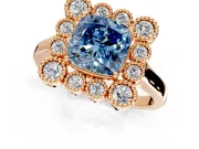 Cluster Halo Engagement Ring Setting for Fancy Blue Cushion Cut Center with Milgrain Bezel Accents and Prong Head in Rose Gold
