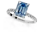 Solitaire Engagement Ring Setting for Fancy Blue Emerald Cut Center with Fine Pave Narrow Band and Prong Head in White Gold