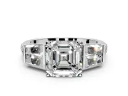 Channel-Set Engagement Ring Setting for Asscher Cut Center with Baguette Band and Prong Head in Platinum