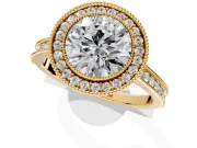 Halo Engagement Ring Setting for Round Cut Center with Milgrain Pave Band and Bezel Head in Yellow Gold