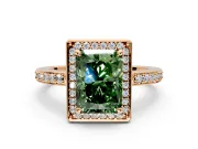 Halo Engagement Ring Setting for Fancy Green Radiant Cut Center with Metal-Rimmed Halo, Pave Band and Prong Head in Rose Gold