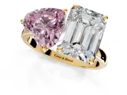 Fancy Pink Heart-Shaped and Emerald Cut Lab-Grown Diamond Toi et Moi Engagement Ring with Prong-Set Stones in Yellow Gold