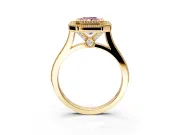 Halo Engagement Ring Setting for Fancy Pink Radiant Cut Center with Milgrain Frame, Pave Band and Prong Head in Yellow Gold