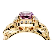 Halo Engagement Ring Setting for Fancy Pink Emerald Cut Center with Open Scroll Shoulders and Prong Head in Yellow Gold