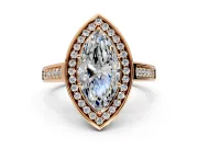 Halo Engagement Ring Setting for Marquise Center with Outer Bezel Rim, Pave Band and Prong Head in Rose Gold