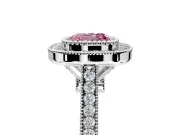Halo Engagement Ring Setting for Fancy Pink Cushion Cut Center with Milgrain Frame, Pave Band and Prong Head in Platinum
