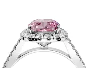 Halo Engagement Ring Setting for Fancy Pink Cushion Cut Center with Narrowing Pave Band and Prong Head in Platinum