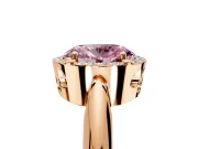 Halo Engagement Ring Setting for Fancy Pink Oval Center with Tapered Plain Band and Prong Head in Rose Gold