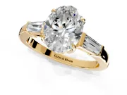 3 Stone Engagement Ring Setting for Oval Center with Baguette Accents and Prong Head in Yellow Gold