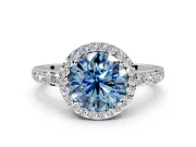 Halo Engagement Ring Setting for Fancy Blue Round Cut Center with Heart-Shaped Openwork, Pave Band and Prong Head in Platinum
