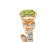 Leaf Motif Engagement Ring Setting for Fancy Yellow Cushion Cut Center with Pave Band and Prong Head in Rose Gold