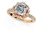 Floral Halo Engagement Ring Setting for Asscher Cut Center with Pave Band and Prong Head in Rose Gold