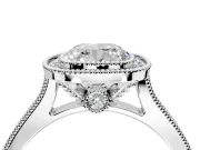 Halo Engagement Ring Setting for Cushion Cut Center with Milgrain Pave Band and Bezel Head in Platinum