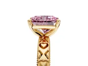 Solitaire Engagement Ring Setting for Fancy Pink Radiant Cut Center with XO Engraved Band and Prong Head in Yellow Gold