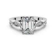 Solitaire Engagement Ring Setting for Emerald Cut Center with Marquise and Bezel Accents and Prong Head in Platinum