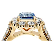 Large Accent Halo Engagement Ring Setting for Fancy Blue Radiant Cut Center with Pave Split Shank and Prong Head in Yellow Gold
