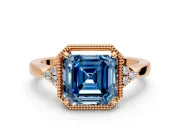 Cluster Engagement Ring Setting for Fancy Blue Asscher Cut Center with Milgrain Shoulder Clusters and Prong Head in Rose Gold
