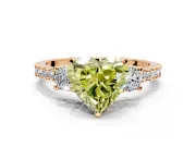 3 Stone Engagement Ring Setting for Fancy Yellow Heart-Shaped Center with Round Cut Side Accents and Prong Head in Rose Gold