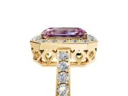 Halo Engagement Ring Setting for Fancy Pink Emerald Cut Center with Heart-Shaped Openwork, Pave Band and Prong Head in Yellow Gold