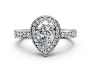 Milgrain Halo Engagement Ring Setting for Pear-Shaped Center with Wide Pave Band and Prong Head in Platinum