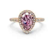 Halo Engagement Ring Setting for Fancy Pink Pear-Shaped Center with Pave Accents, Heart Basket and Prong Head in Rose Gold