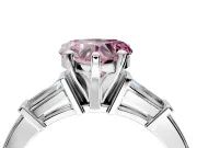 3 Stone Engagement Ring Setting for Fancy Pink Heart-Shaped Center with Channel Baguette Accents and Prong Head in Platinum