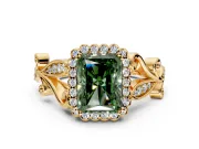 Halo Engagement Ring Setting for Fancy Green Radiant Cut Center with Leaf Motif Split Shank and Prong Head in Yellow Gold