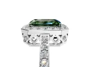 Halo Engagement Ring Setting for Fancy Green Emerald Cut Center with Heart-Shaped Openwork, Pave Band and Prong Head in Sterling Silver