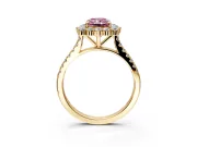 Halo Engagement Ring Setting for Fancy Pink Radiant Cut Center with Single-Row Pave, Open Basket and Prong Head in Yellow Gold