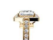 Bezel-Framed Halo Engagement Ring Setting for Princess Cut Center with Pave Band and Prong Head in Yellow Gold