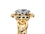 Halo Engagement Ring Setting for Oval Center with Open Scroll Shoulders and Prong Head in Yellow Gold
