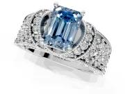 Pave Engagement Ring Setting for Fancy Blue Emerald Cut Center with Curved Accent Rows, Openwork and Prong Head in Platinum
