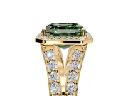 Halo Engagement Ring Setting for Fancy Green Asscher Cut Center with Narrow Pave Split Shank and Prong Head in Yellow Gold