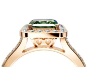 Halo Engagement Ring Setting for Fancy Green Asscher Cut Center with Pave Accents, Heart Basket and Prong Head in Rose Gold