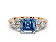 Cluster Engagement Ring Setting for Fancy Blue Asscher Cut Center with Round Cut Accent Frame and Prong Head in Rose Gold