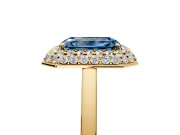 Halo Engagement Ring Setting for Fancy Blue Emerald Cut Center with Plain Tapered Band and Prong Head in Yellow Gold