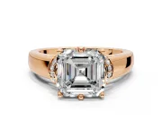 Solitaire Engagement Ring Setting for Asscher Cut Center with Wide Band, Pave Collar and Prong Head in Rose Gold