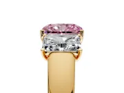 3 Stone Engagement Ring Setting for Fancy Pink Radiant Cut Center with Raised Basket Heads and Prong Head in Yellow Gold