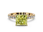 Open Basket Engagement Ring Setting for Fancy Yellow Princess Cut Center with Pave Band and Prong Head in Yellow Gold
