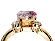 3 Stone Engagement Ring Setting for Fancy Pink Heart-Shaped Center with Wide Plain Band and Prong Head in Yellow Gold