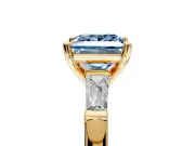 3 Stone Engagement Ring Setting for Fancy Blue Princess Cut Center with Tapered Baguettes, Plain Band and Prong Head in Yellow Gold