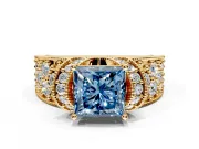 Pave Engagement Ring Setting for Fancy Blue Princess Cut Center with Curved Accent Rows, Openwork and Prong Head in Yellow Gold