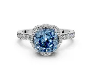 Halo Engagement Ring Setting for Fancy Blue Cushion Cut Center with Openwork Halo, Pave Band and Prong Head in White Gold