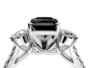 3 Stone Engagement Ring Setting for Fancy Black Radiant Cut Center with Crossover Basket, Pave Band and Prong Head in Platinum