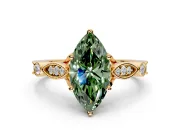 Solitaire Engagement Ring Setting for Fancy Green Marquise Center with Marquise and Bezel Accents and Prong Head in Yellow Gold