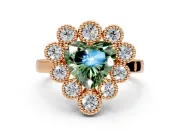 Cluster Halo Engagement Ring Setting for Fancy Green Heart-Shaped Center with Milgrain Bezel Accents and Prong Head in Rose Gold
